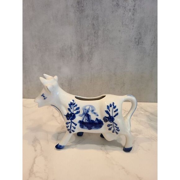 Blue Delft Cow Shaped Creamer Classic Blue & White Windmill & Floral Design 6" - Picture 2 of 8